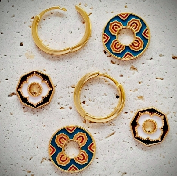 None Jewelry - Portugese tile style earrings; maroon/white/green/tan/peach; brushed metal; nwot